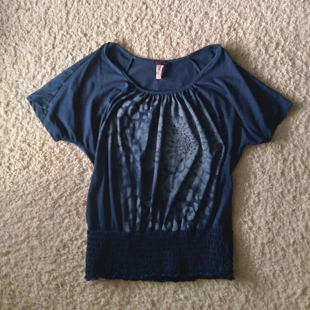Vintage Y2K Agenda Navy Blue Smocked Top with Leopard Floral Graphic Size Medium